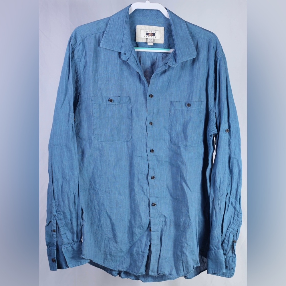 Joseph Abboud XLT Button Up 100% Linen Blue Roll Tab Sleeve Shirt RN77219